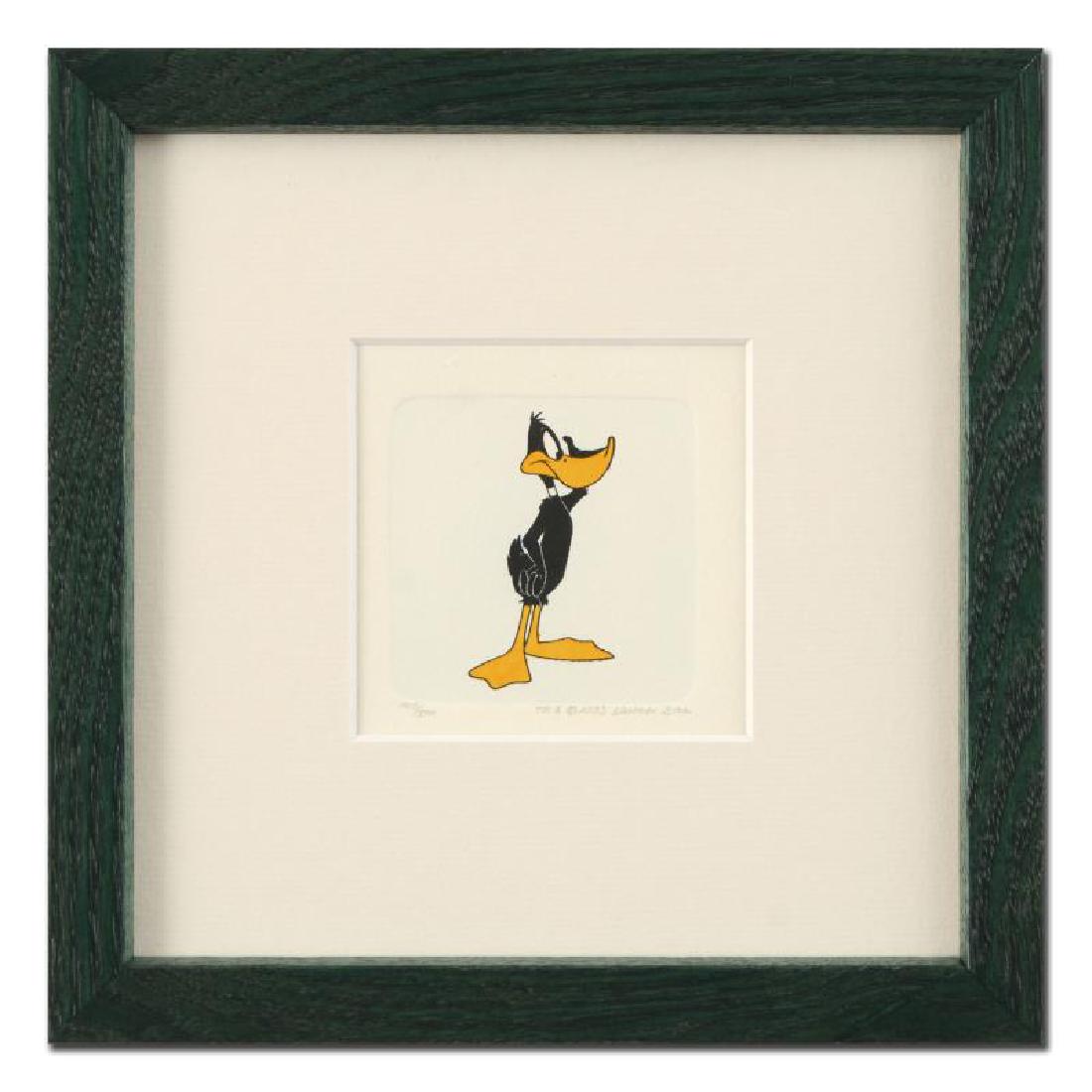 Daffy Duck (Looking to the Side) by Looney Tunes: "Daffy Duck (Looking to the Side)" is a limited edition etching on paper with hand-tinted coloring from Warner Bros, numbered and dated 1999. This piece comes framed. Measures approx. 8.5" x 8.5" (wit