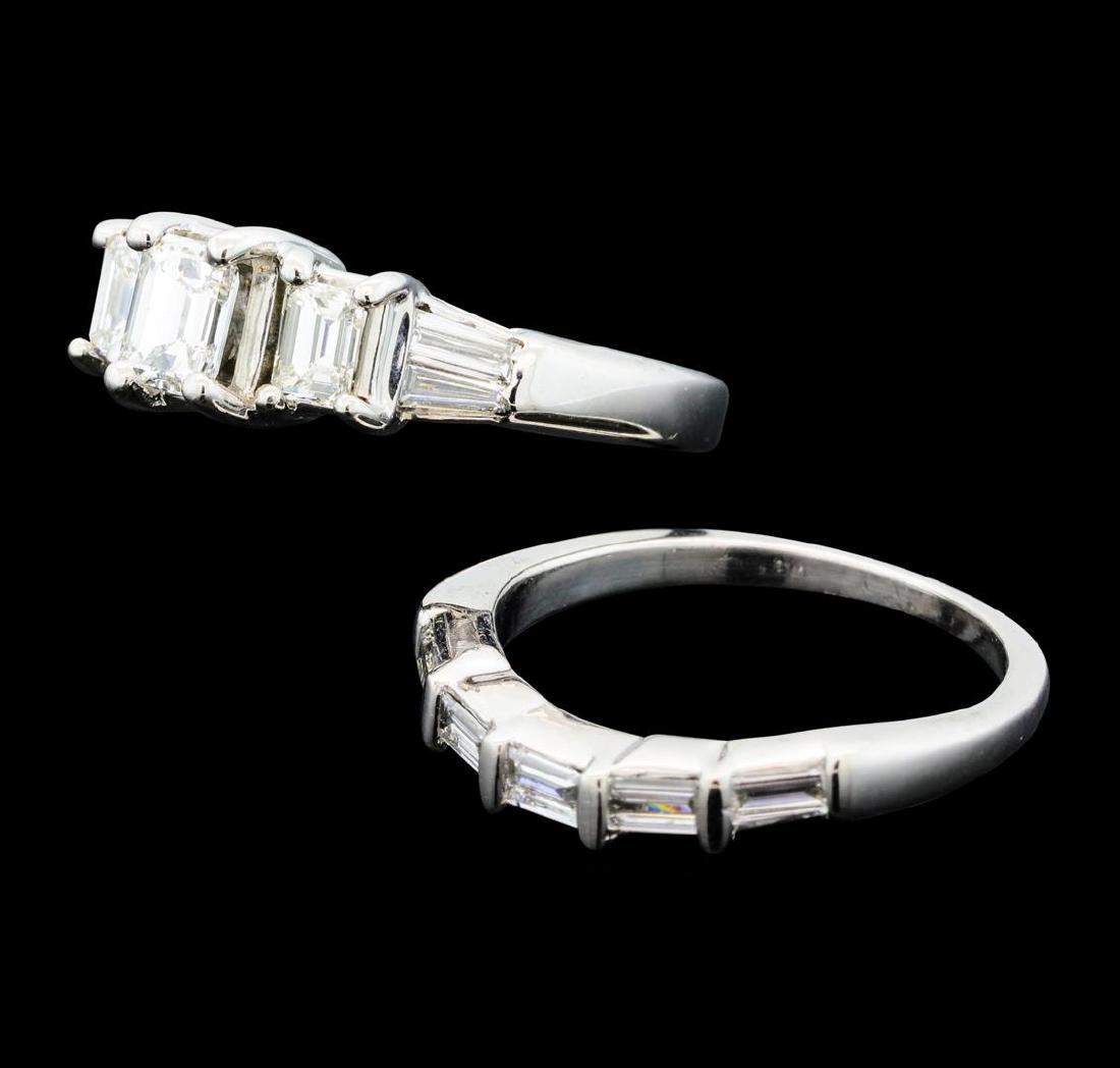 1.14 ctw Diamond Ring & Wedding Band - 14KT White Gold: One set electronically tested 14KT white gold lady's cast wedding ring & wedding band with a cathedral shank with a bright polish finish. The featured lady's ring and band have a double shank measurin