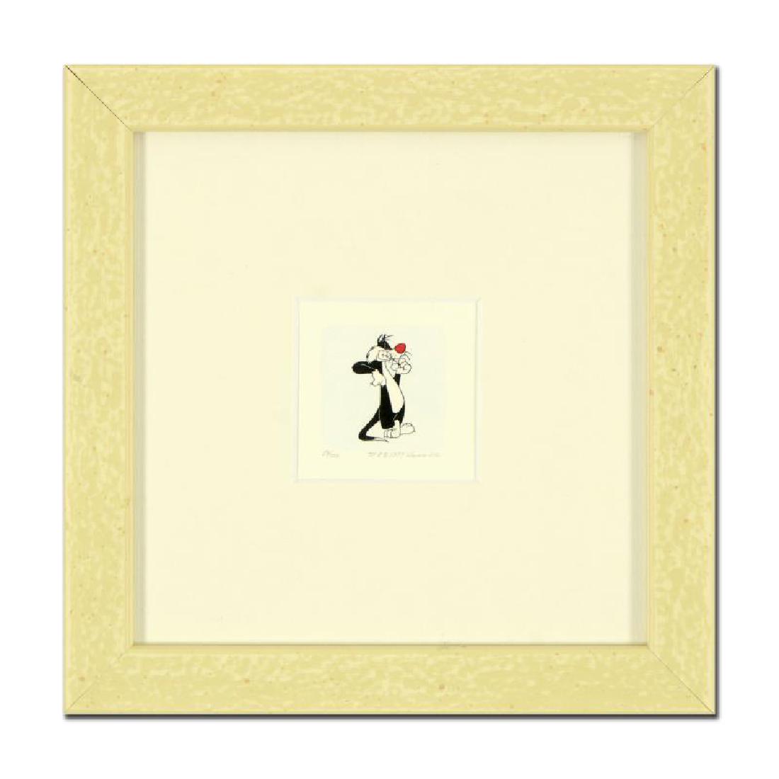 Sylvester by Looney Tunes: "Sylvester" is a limited edition etching on paper with hand-tinted coloring from Warner Bros, numbered and dated 1999. This piece comes framed. Measures approx. 9" x 9" (with frame), 2" x 2" (image).
