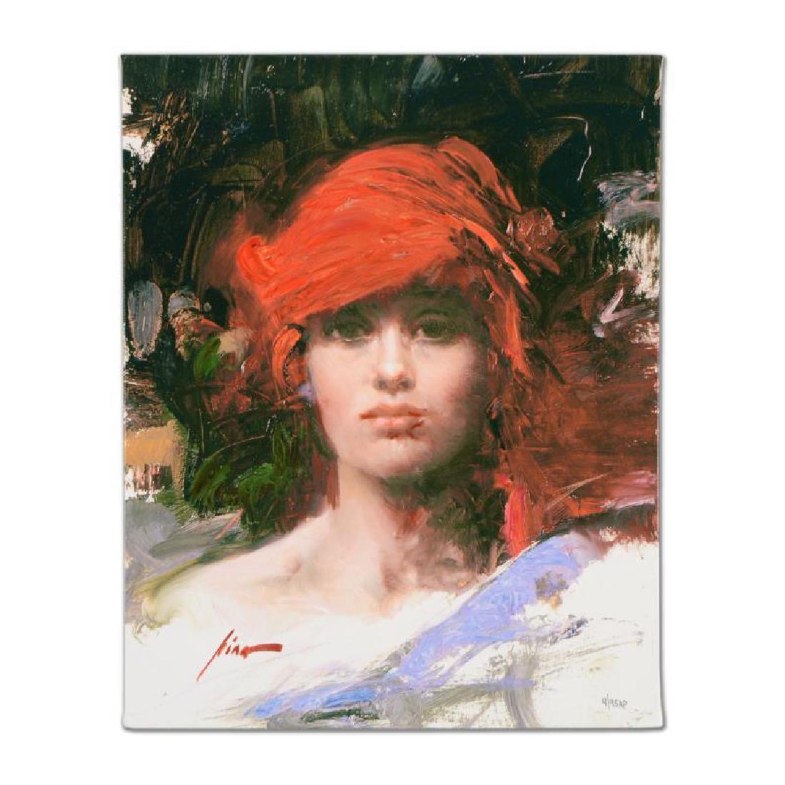 Red Turban by Pino (1939-2010): "Red Turban" is a limited edition giclee on stretched canvas that has been hand-embellished by Pino himself, AP Numbered and Hand signed by Pino (1939-2010). Includes Certificate of Authenticity. Meas