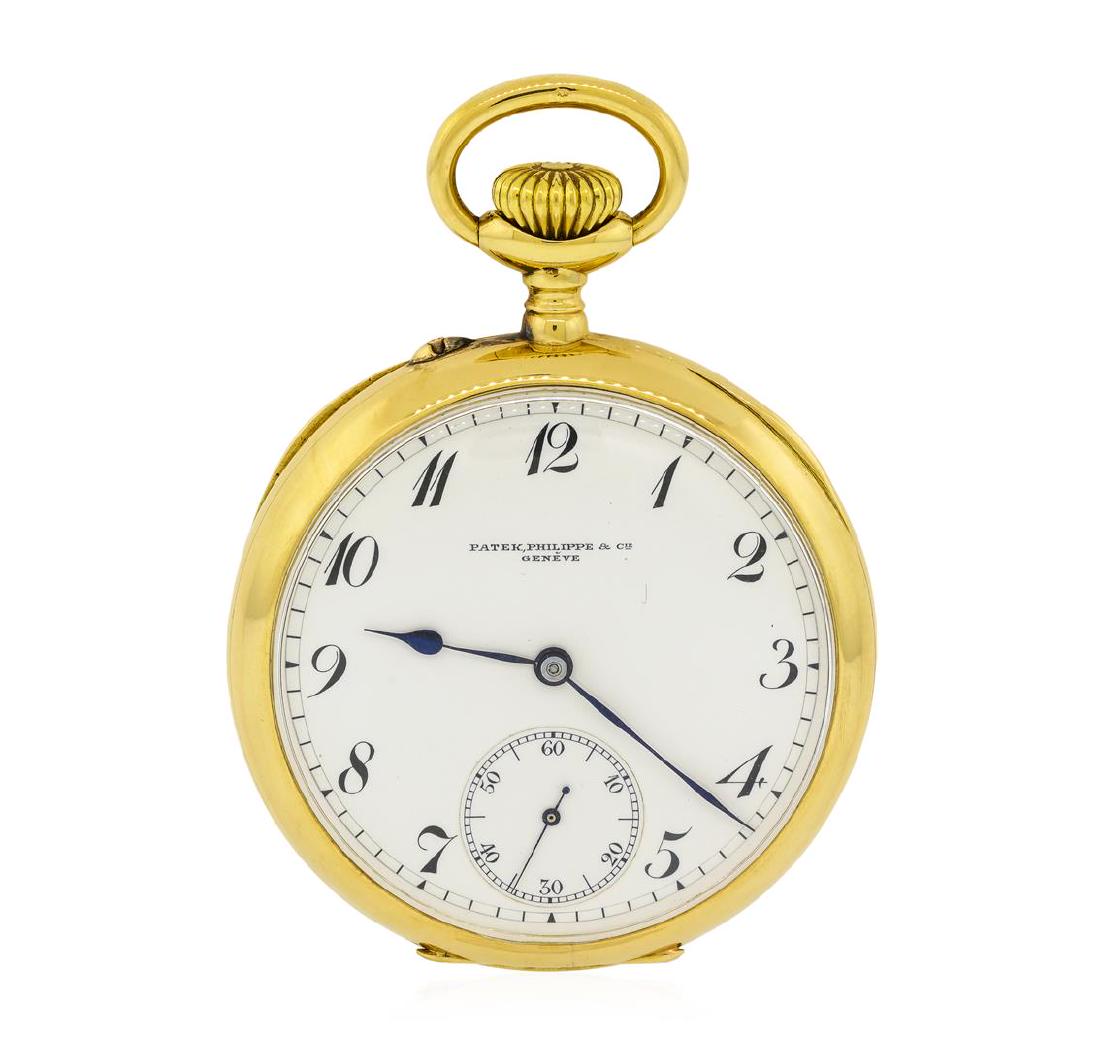 Patek Philippe & Co. Pocket Watch - 18KT Yellow Gold: One Patek Philippe & Co. open face pocketwatch electronically tested 18KT yellow gold, Case: 48mm diameter, Obverse Case Cover: polished, engraved with an elaborate initials pattern, Movement Case Cov