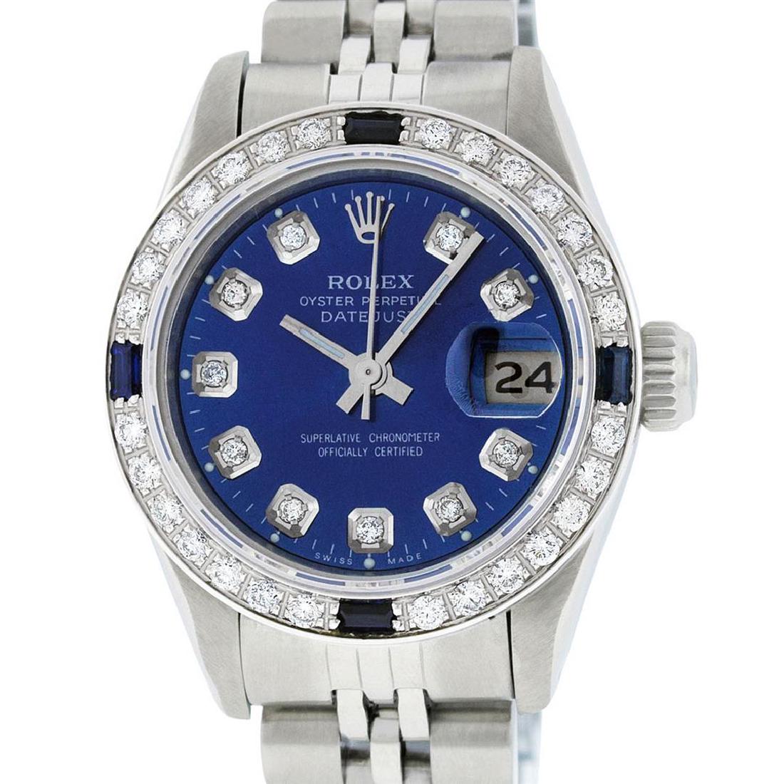 Rolex Ladies Stainless Steel Blue Diamond & Sapphire: One Ladies Stainless Steel Rolex Datejust Polished Bright with Satin Finish, Serviced & Electronically Tested, Stainless Steel Case: 26mm, Stainless Steel Crown, Custom Bezel: New 18K White Gold Sapph