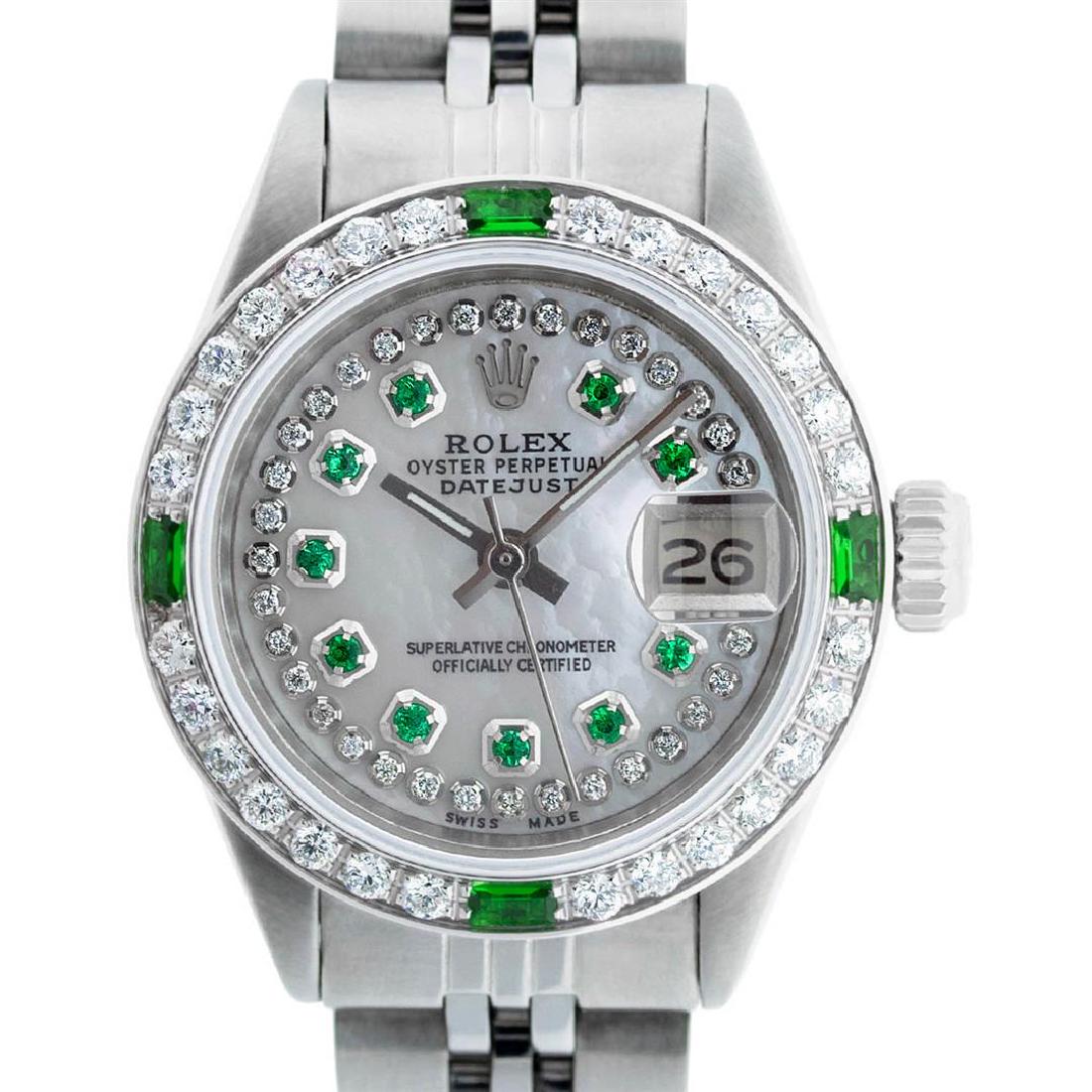 Rolex Ladies Stainless Steel MOP Emerald & Diamond: One Ladies Stainless Steel Rolex Datejust Polished Bright with Satin Finish, Serviced & Electronically Tested, Stainless Steel Case: 26mm, Stainless Steel Crown. Custom Bezel: New 18K White Gold Beads