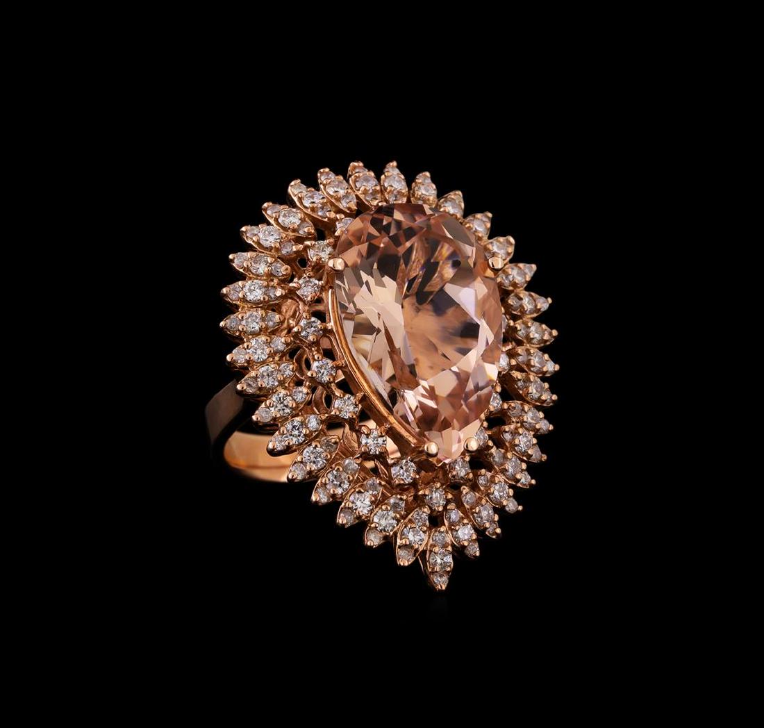 14KT Rose Gold 11.58 ctw Morganite and Diamond Ring: One electronically tested 14KT rose gold ladies cast morganite and diamond ring with a bright polish finish. Identified with markings of "14K". Condition is new. Containing: One prong set pear modifie