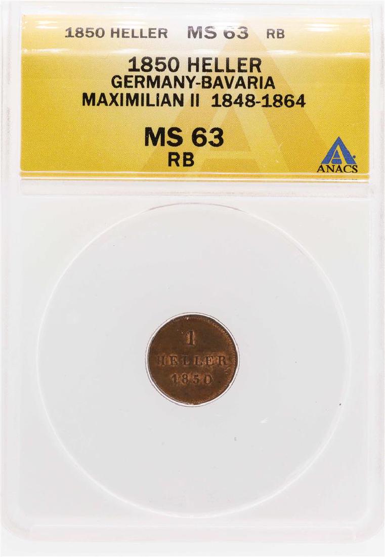 1850 Germany-Bavaria Maximilian II Heller Coin ANACS: One 1850 Germany-Bavaria Maximilian II Heller Coin ANACS MS63RB. ANACS Appraised.