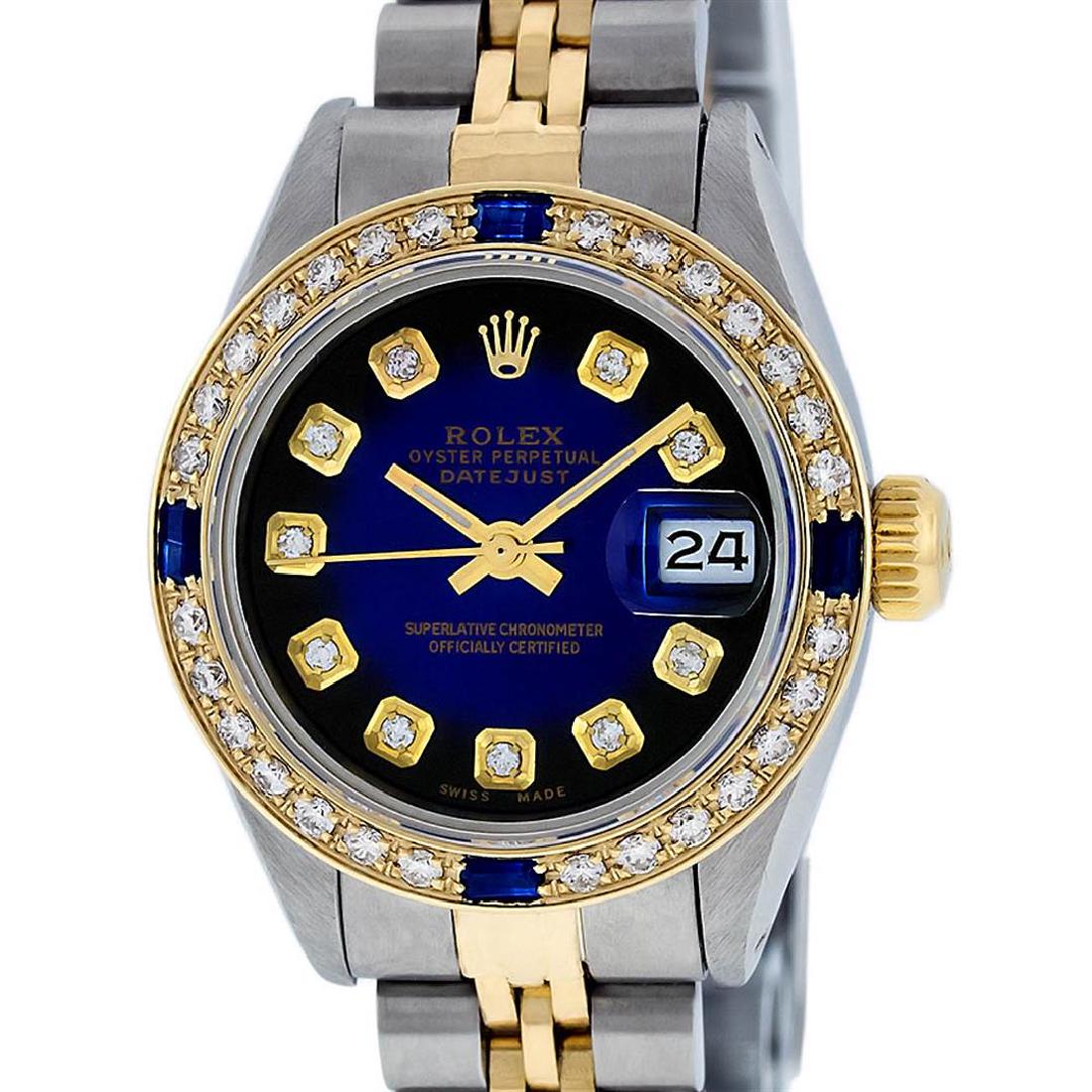 Rolex Ladies 2 Tone Blue Vignette Diamond & Sapphire: One Ladies 14K Two Tone Rolex Datejust Polished, Serviced & Electronically Tested, 14K Yellow Gold & Stainless Steel Case: 26mm, 14K Yellow Gold Crown, Custom Bezel: New 18K Yellow Gold Sapphire Beads