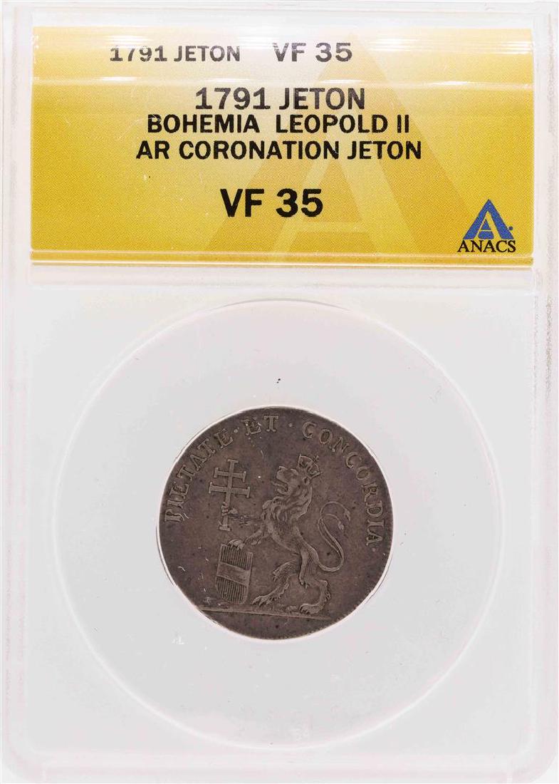 1791 Bohemia Leopold II AR Coronation Jeton Coin ANACS: One 1791 Bohemia Leopold II AR Coronation Jeton Coin ANACS VF35. ANACS Appraised.