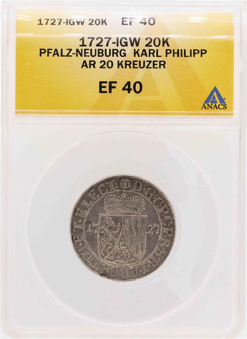 1727-IGW Pfalz-Neuburg Karl Philipp AR 20 Kreuzer Coin: One 1727-IGW Pfalz-Neuburg Karl Philipp AR 20 Kreuzer Coin ANACS XF40. ANACS Appraised.