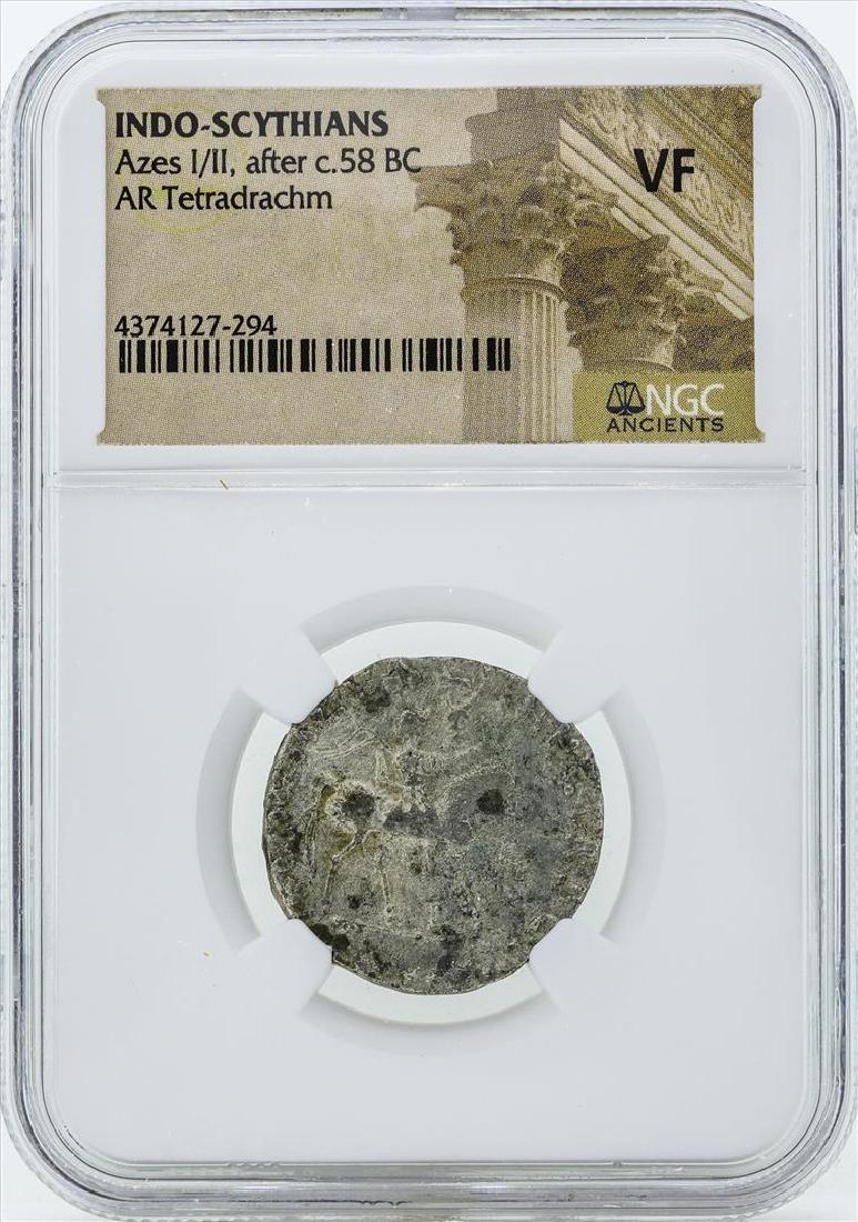 58 BC Indo Scythians Azes I/II AR Tetradrachm Coin NGC: One 58 BC Indo Scythians Azes I/II AR Tetradrachm Coin NGC VF. NGC Certified.