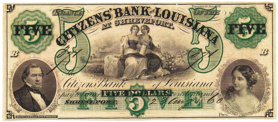 1860 $5 Citizens' Bank of Lousiana at Shreveport: One 1860 $5 Citizens' Bank of Lousiana at Shreveport Bank Note