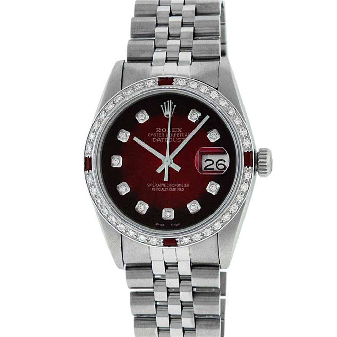Rolex Mens Stainless Steel Red Vignette Diamond & Ruby: One Mens Stainless Steel Rolex Datejust Polished, Serviced & Electronically Tested, Stainless Steel Case: 36mm, Stainless Steel Crown, Custom Bezel: New 18K White Gold Ruby Beadset Diamond Bezel, Diam
