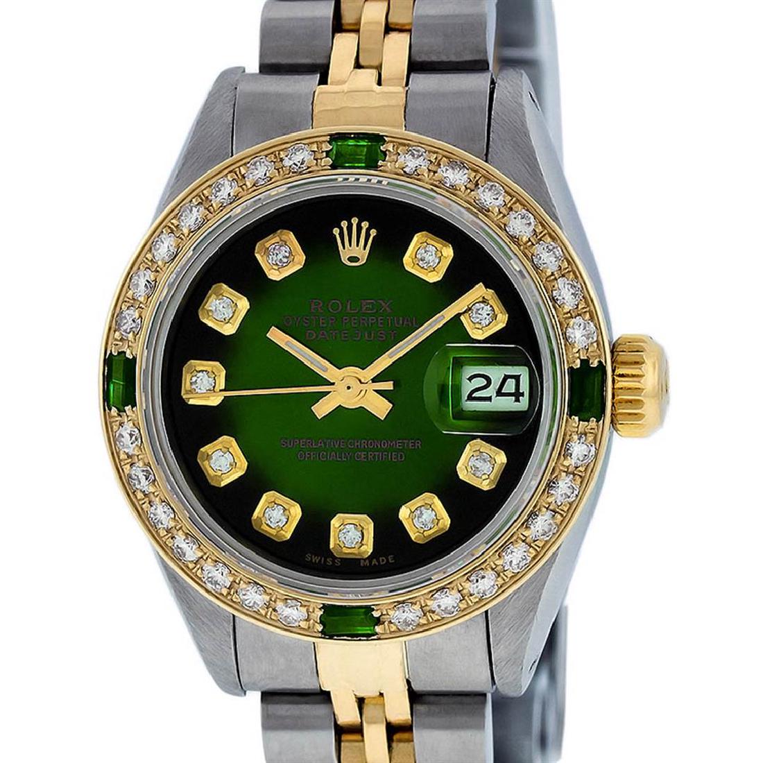 Rolex Ladies 2 Tone Green Vignette Diamond Datejust: One Ladies 14K Two Tone Rolex Datejust Polished, Serviced & Electronically Tested, 14K Yellow Gold & Stainless Steel Case: 26mm, 14K Yellow Gold Crown, Custom Bezel: New 18K Yellow Gold Synthetic Emer