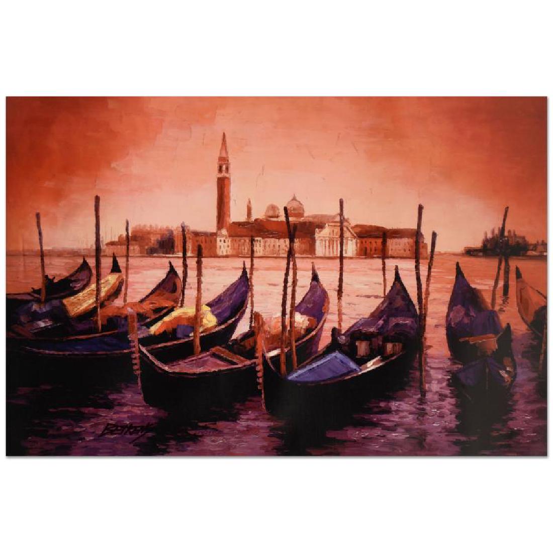 Sunset on the Grand Canal 5 by Behrens (1933-2014): "Sunset on the Grand Canal 5" is a limited edition hand embellished giclee on canvas by Howard Behrens (1933-2014), numbered and bearing the artist's authorized signature. Includes Certificate of Auth