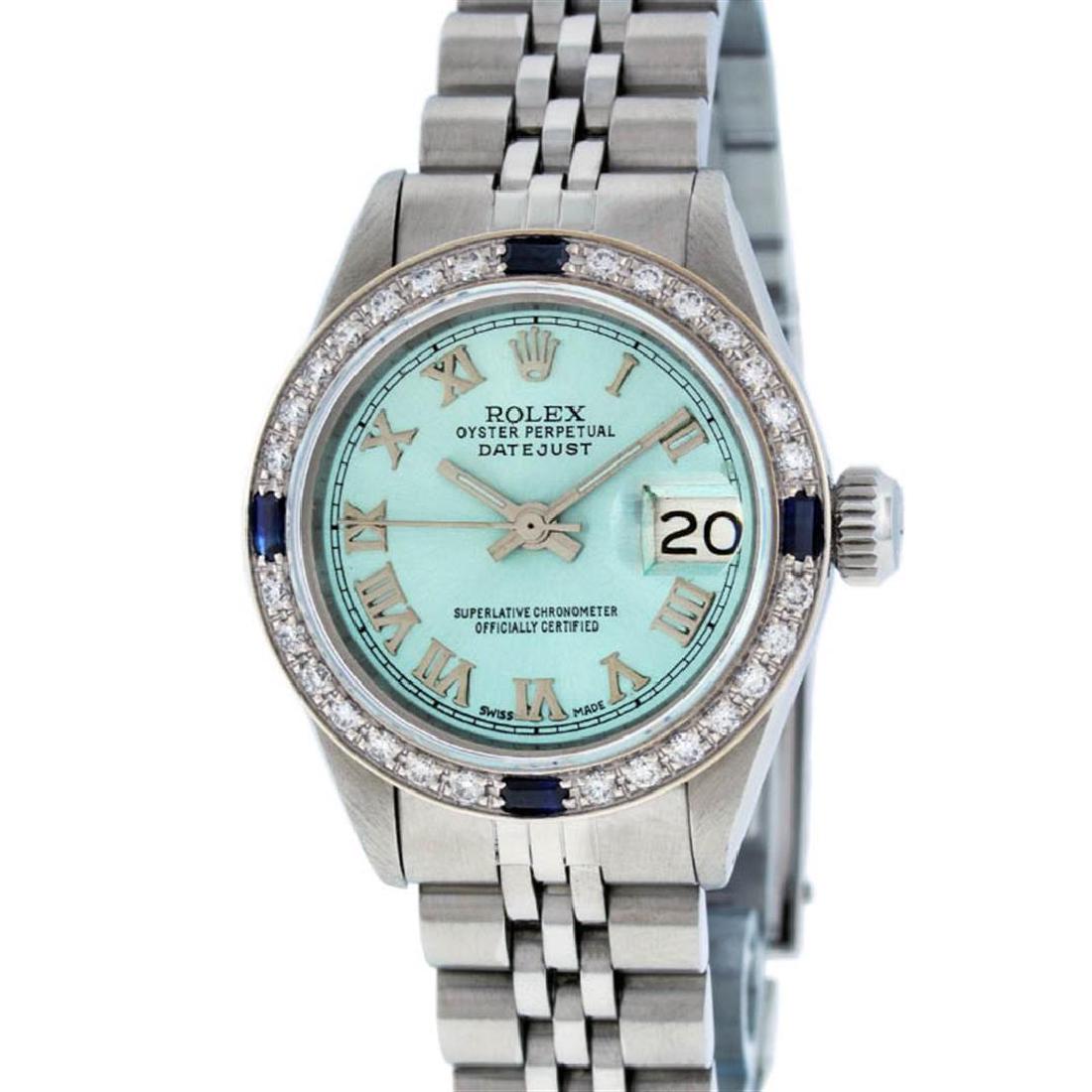 Rolex Ladies Stainless Steel Ice Blue Diamond &: One Ladies Stainless Steel Rolex Datejust Polished Bright with Satin Finish, Serviced & Electronically Tested, Stainless Steel Case: 26mm, Stainless Steel Crown, Custom Bezel: New 18K White Gold Sapph