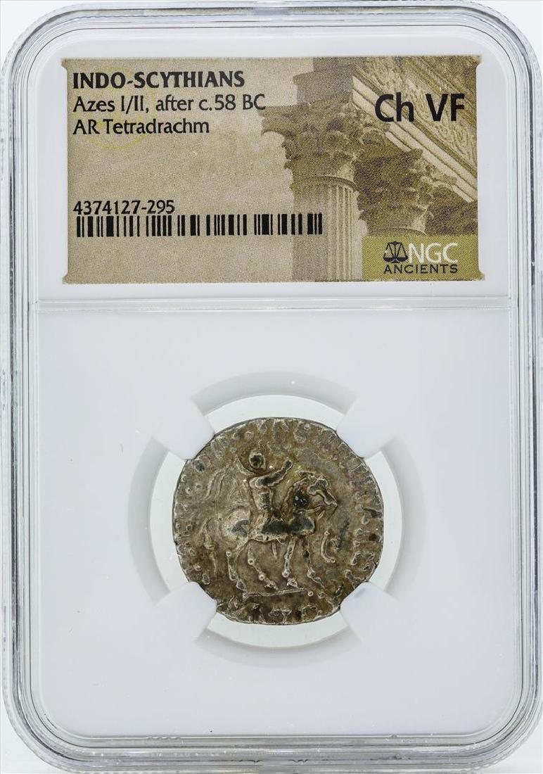 58 BC Indo Scythians Azes I/II AR Tetradrachm Coin NGC: One 58 BC Indo Scythians Azes I/II AR Tetradrachm Coin NGC Ch VF. NGC Certified.