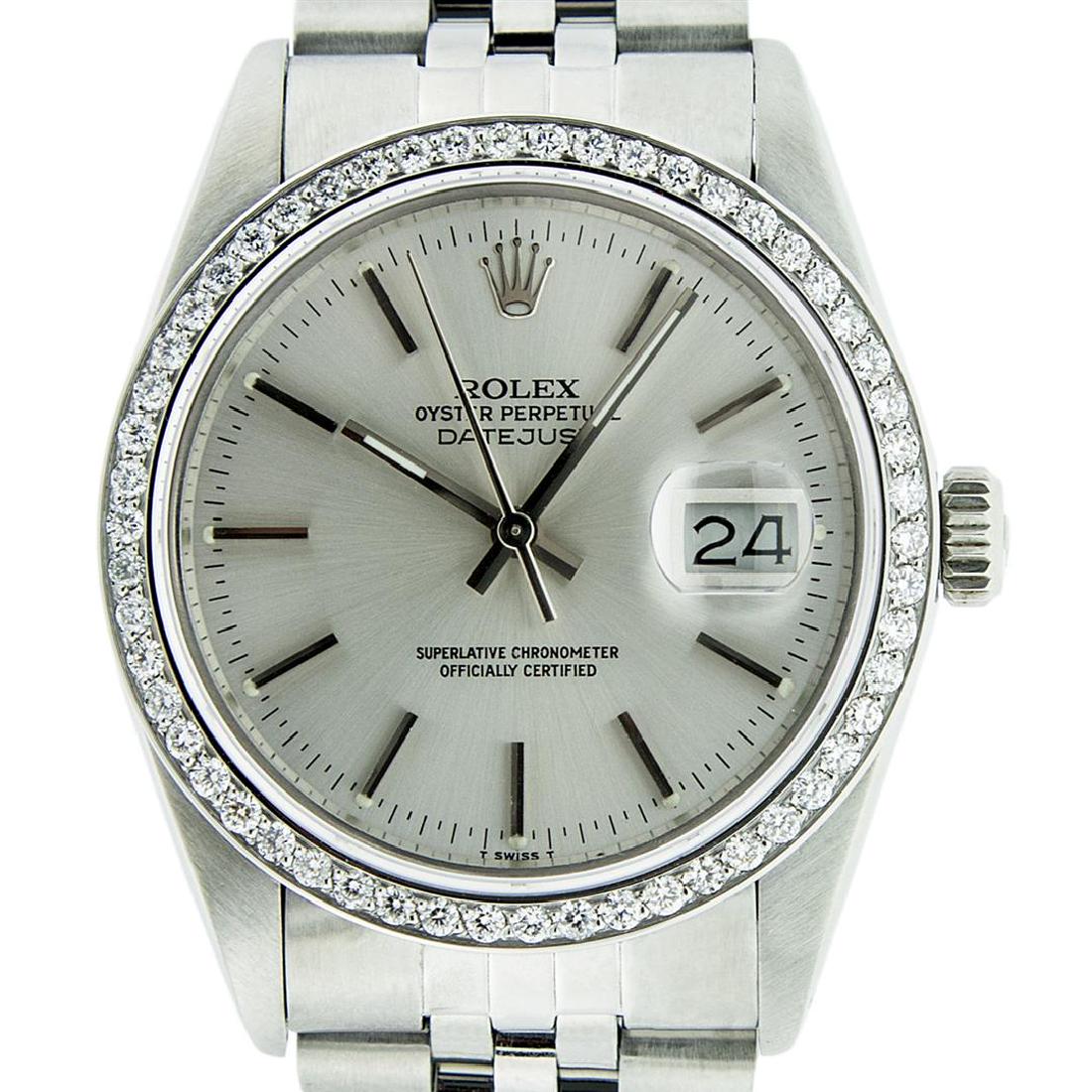 Rolex Mens Stainless Steel Silver Diamond 36MM Datejust: One Mens Rolex Stainless Steel Datejust Polished Bright with Satin Finish, This Watch Has Been Serviced & Electronically Tested, Stainless Steel Case: 36mm, Stainless Steel Crown, Custom Bezel: New S