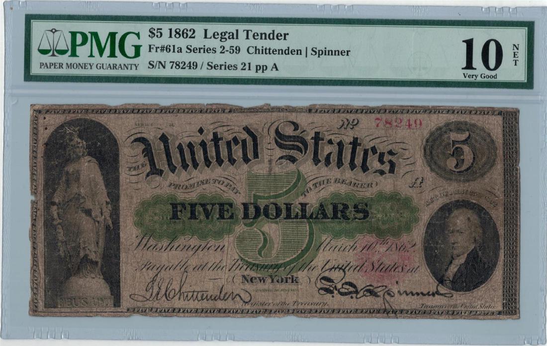 1862 PMG VG 10NET $5 Legal Tender Bank Note - Jul 11, 2018 ...