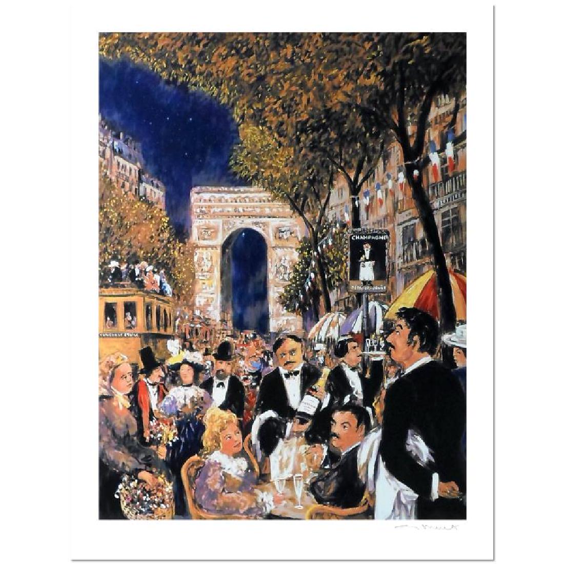 Champs Elysees by Buffet, Guy: "Champs Elysees" is a limited edition serigraph on paper by Guy Buffet. It is numbered, hand-signed by the artist, and comes with a Certificate of Authenticity. Measures approx. 28" x 37" (image).