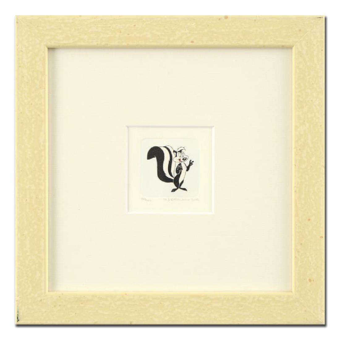 Pepe Le Pew by Looney Tunes: "Pepe Le Pew" is a limited edition etching on paper with hand-tinted coloring from Warner Bros, numbered and dated 1999. This piece comes framed. Measures approx. 9" x 9" (with frame), 1.5" x 1.5" (im