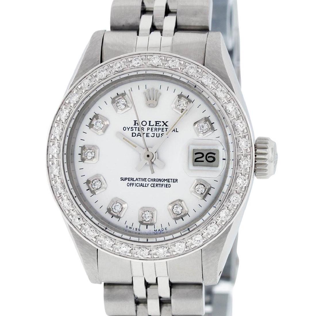 Rolex Ladies Stainless Steel White Diamond 26MM: One Ladies Stainless Steel Rolex Datejust Polished Bright with Satin Finish, Serviced & Electronically Tested, Stainless Steel Case: 26mm, Stainless Steel Crown, Custom Bezel: New 18K White Gold Beads