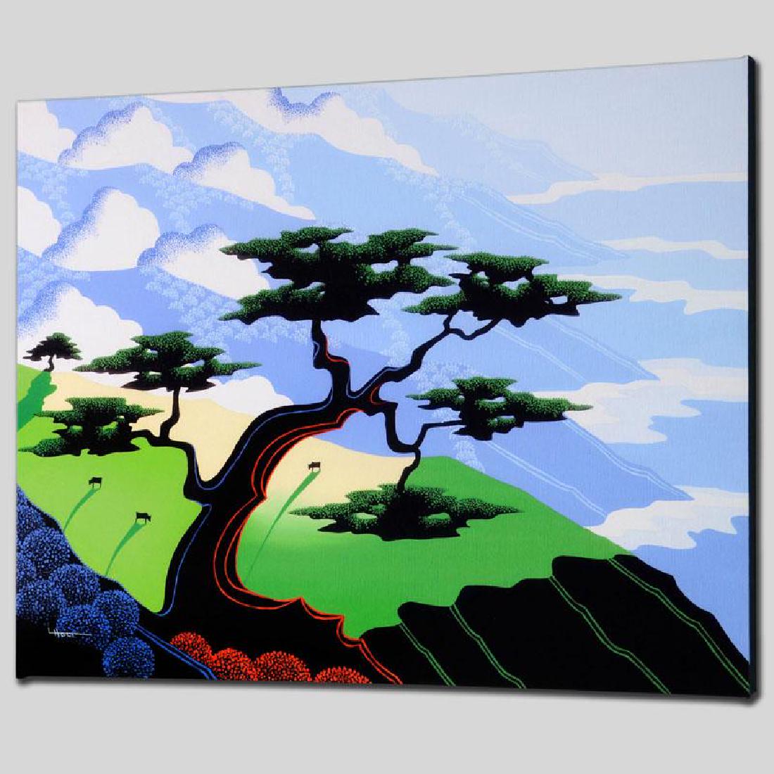 Cows, Coast, Tree by Holt, Larissa: Larissa Holt, a student of distinguished artist Eyvind Earle(1916-2000), uses bold colors and breathtaking scenery to create images of Nature in her own unique style. "Cows, Coast, Tree" is a limited