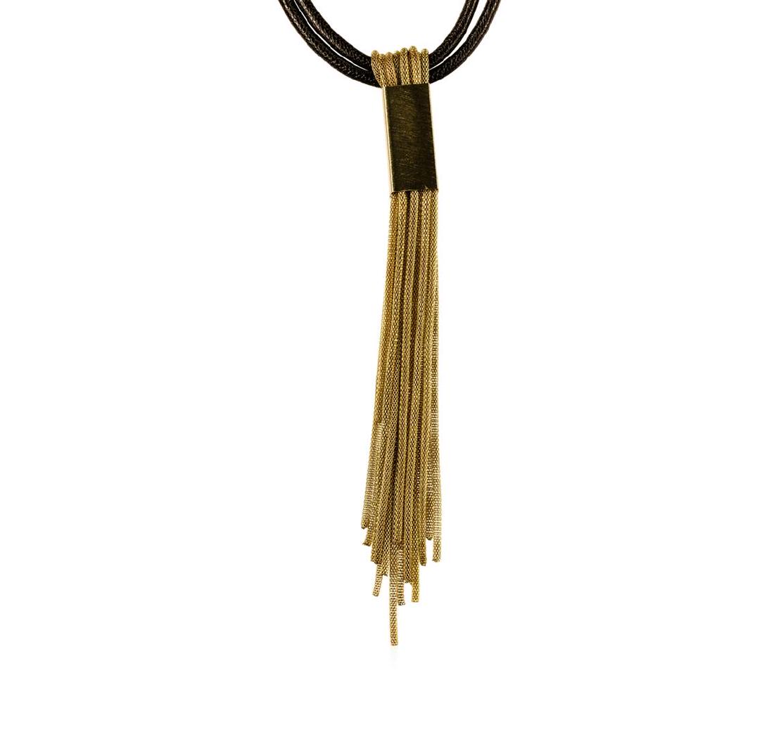 Leather/Mesh Tassel Necklace - Gold Plated: High end designer jewelry. Leather/Mesh Tassel Necklace - Gold Plated. Gold Plated Metal/3" Ext Clasp. Black/ Gold. 20/8inches.