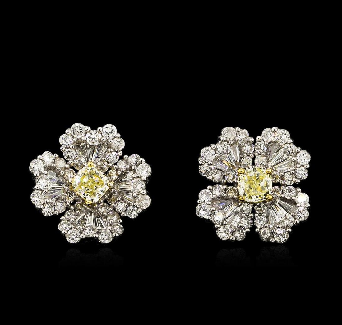 3.93 ctw Yellow Diamond Earrings - 18KT White Gold: One pair electronically tested 18KT white gold lady's combination cast & assembled fashion earrings with friction posts with a bright polish finish. Trademark is MICHA. Identified with markings of "18