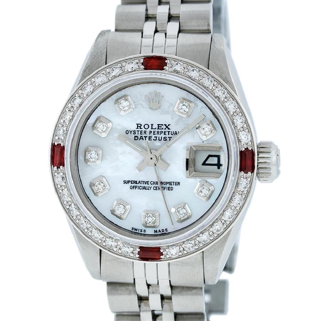 Rolex Ladies Stainless Steel MOP Diamond & Ruby 26MM: One Ladies Stainless Steel Rolex Datejust Polished Bright with Satin Finish, Serviced & Electronically Tested, Stainless Steel Case: 26mm, Stainless Steel Crown, Custom Bezel: New 18K White Gold Ruby