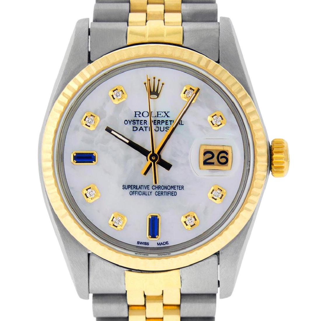 Rolex Mens 2 Tone 14K MOP Diamond 36MM Datejust: One Mens 14K Yellow Gold Two Tone Rolex Datejust Polished, Serviced & Electronically Tested, 14K Yellow Gold & Stainless Steel Case: 36mm, 14K Yellow Gold Crown, Bezel: 14K Yellow Gold Fluted Bezel.