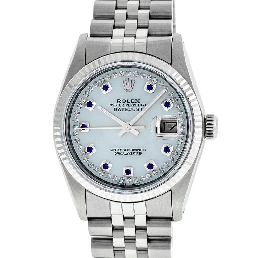 Rolex Mens Stainless Steel Mother Of Pearl Diamond &: One Mens Stainless Steel Rolex Datejust Polished Bright with Satin Finish, Serviced & Electronically Tested, Stainless Steel Case: 36mm, Stainless Steel Crown, Bezel: 14K White Gold Fluted Bezel. Cust