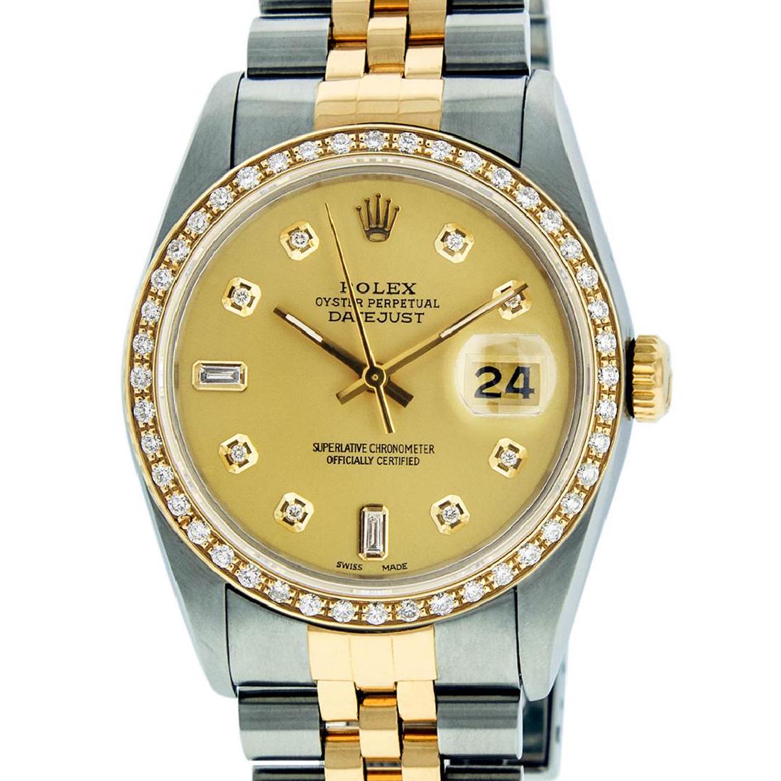 Rolex Mens 2 Tone 14K Champagne Diamond 36MM Datejust: One Mens 14K Yellow Gold Two Tone Rolex Datejust Polished, Serviced & Electronically Tested, 18K Yellow Gold & Stainless Steel Case: 36mm, 18K Yellow Gold Crown, Custom Bezel: New 18K Yellow Gold Bead