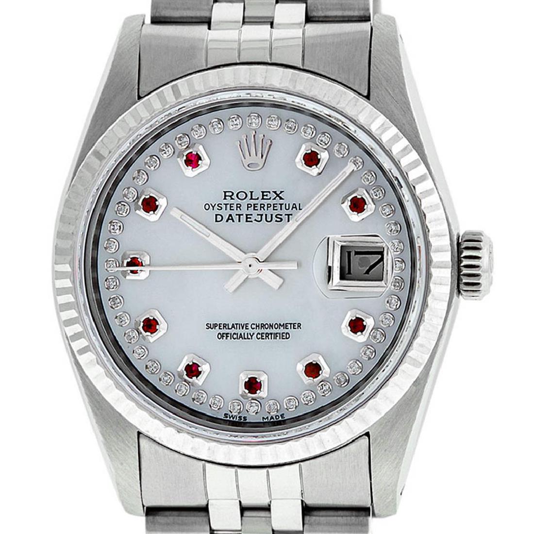 Rolex Mens Stainless Steel Mother Of Pearl Diamond &: One Mens Stainless Steel Rolex Datejust Polished Bright with Satin Finish, Serviced & Electronically Tested, Stainless Steel Case: 36mm, Stainless Steel Crown, Original Bezel: 14K White Gold Fluted Be