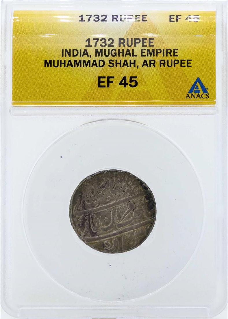 1732 India Rupee Mughal Empire Coin ANACS EF45: One 1732 India Rupee Mughal Empire Coin ANACS EF45. ANACS Appraised.