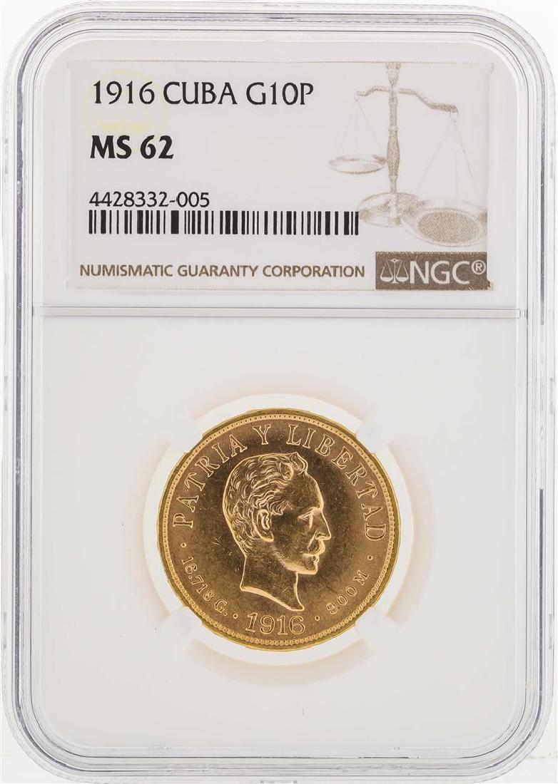 1916 Cuba 10 Gold Pesos Coin NGC MS62: One 1916 Cuba 10 Gold Pesos Coin NGC MS62. NGC Certified.