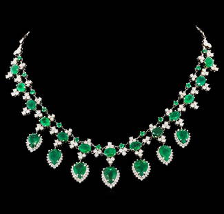 34.17 ctw Emerald and Diamond Necklace - 14KT White: One electronically tested 14KT white gold necklace weighing 40.87 grams including pear shape natural emeralds with a total weight of 34.17ctw and round cut diamonds weighing 15.00ctw. VS-SI clarity, G