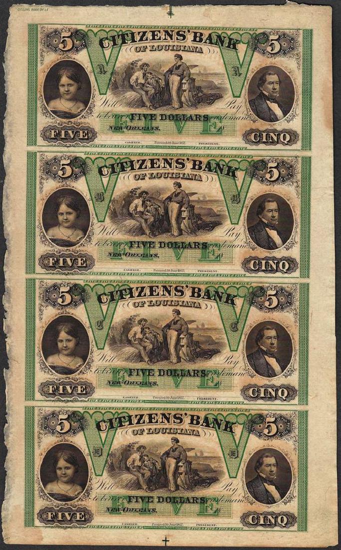 Uncut Sheet of 1800's $5 Citizens Bank of Louisiana: One Uncut Sheet of 1800's $5 Citizens Bank of Louisiana Obsolete Notes.