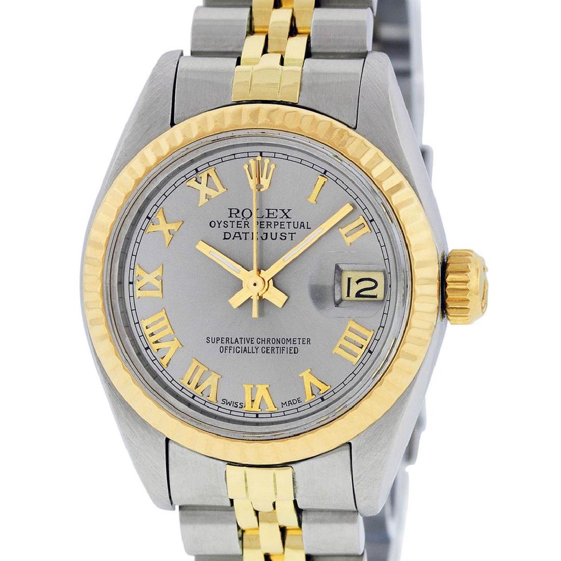 Rolex Ladies 2 Tone 14K Slate Grey Roman Datejust: One Ladies 14K Two Tone Rolex Datejust Polished, Serviced & Electronically Tested, 14K Yellow Gold & Stainless Steel, Case Size: 26mm, 14K Yellow Gold Crown, Bezel: 14K Yellow Gold Fluted Bezel. Custo