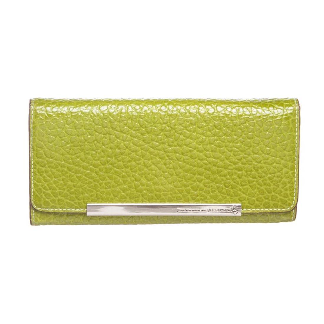 Pelle Borsa Green Pebbled Leather Long Wallet: Crafted out of green pebbled leather, silver tone hardware, and flap snap closure. Inner eight card slot, brown fabric lining, bill slip pockets, and zip closure coin pocket. Item is pre-owned. Item D