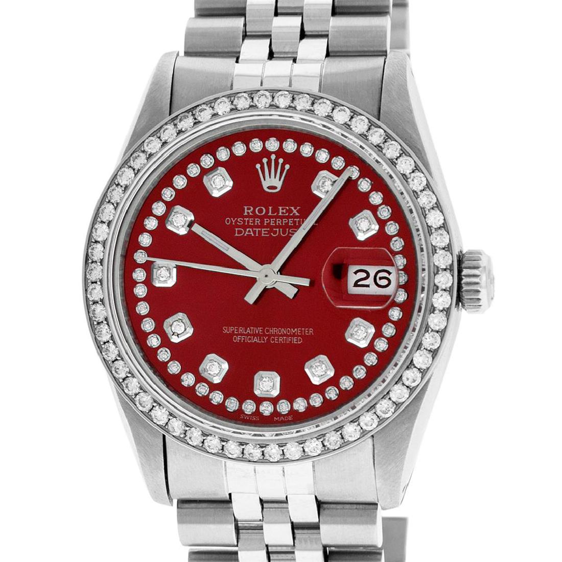 Rolex Mens Stainless Steel Red String Diamond 36MM: One Mens Rolex Stainless Steel Datejust Polished Bright with Satin Finish, This Watch Has Been Serviced & Electronically Tested, Stainless Steel Case: 36mm, Stainless Steel Crown, Custom Bezel: New S