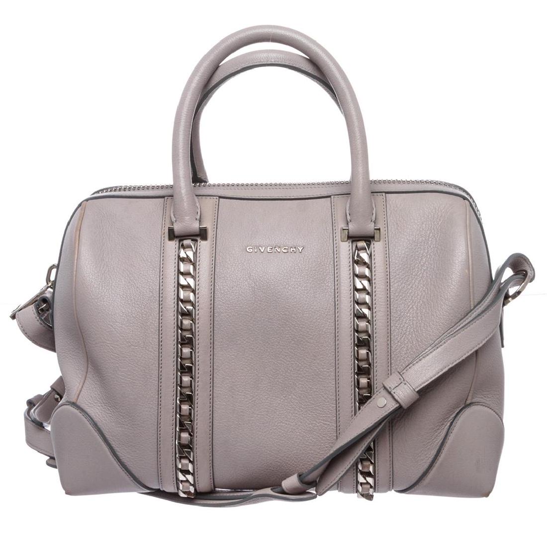 Givenchy Gray Leather Lucrezia Medium Satchel Handbag: Gray leather Givenchy Medium Lucrezia bag with silver-tone hardware, chain link accents at exterior, logo at front, single adjustable shoulder strap, dual rolled handles, black suede lining, three poc