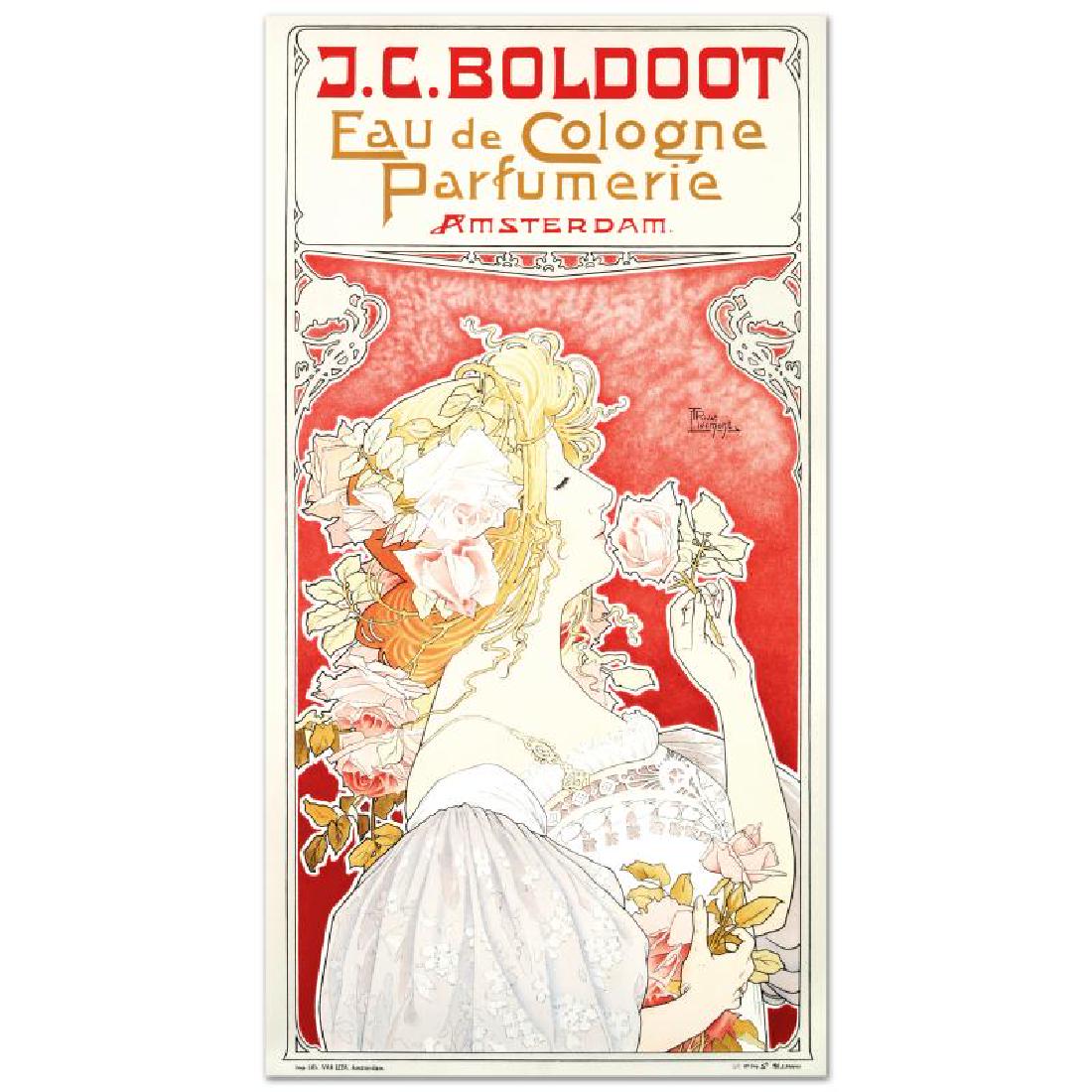 J.C. Boldoot by RE Society: "J.C. Boldoot" is a hand pulled lithograph on paper by the RE Society, image originally by Privat Livemont. Includes Certificate of Authenticity! Measures approx. 16" x 30.5" (with border), 15" x 29.5