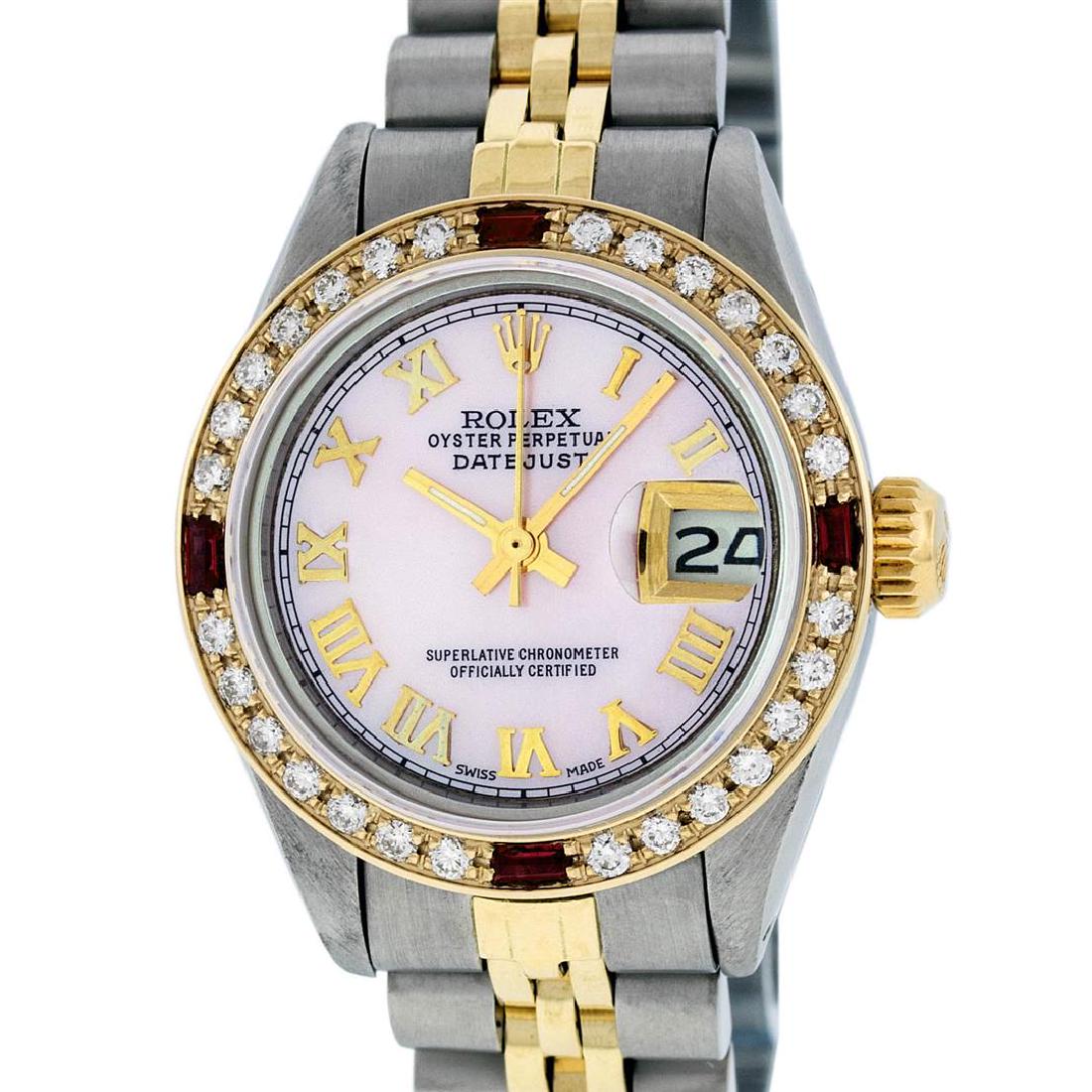 Rolex Ladies 2 Tone 14K Pink MOP Diamond & Ruby: One Ladies 14K Two Tone Rolex Datejust Polished, Serviced & Electronically Tested, 14K Yellow Gold & Stainless Steel Case: 26mm, 14K Yellow Gold Crown, Custom Bezel: New 18K Yellow Gold Ruby Beadset D
