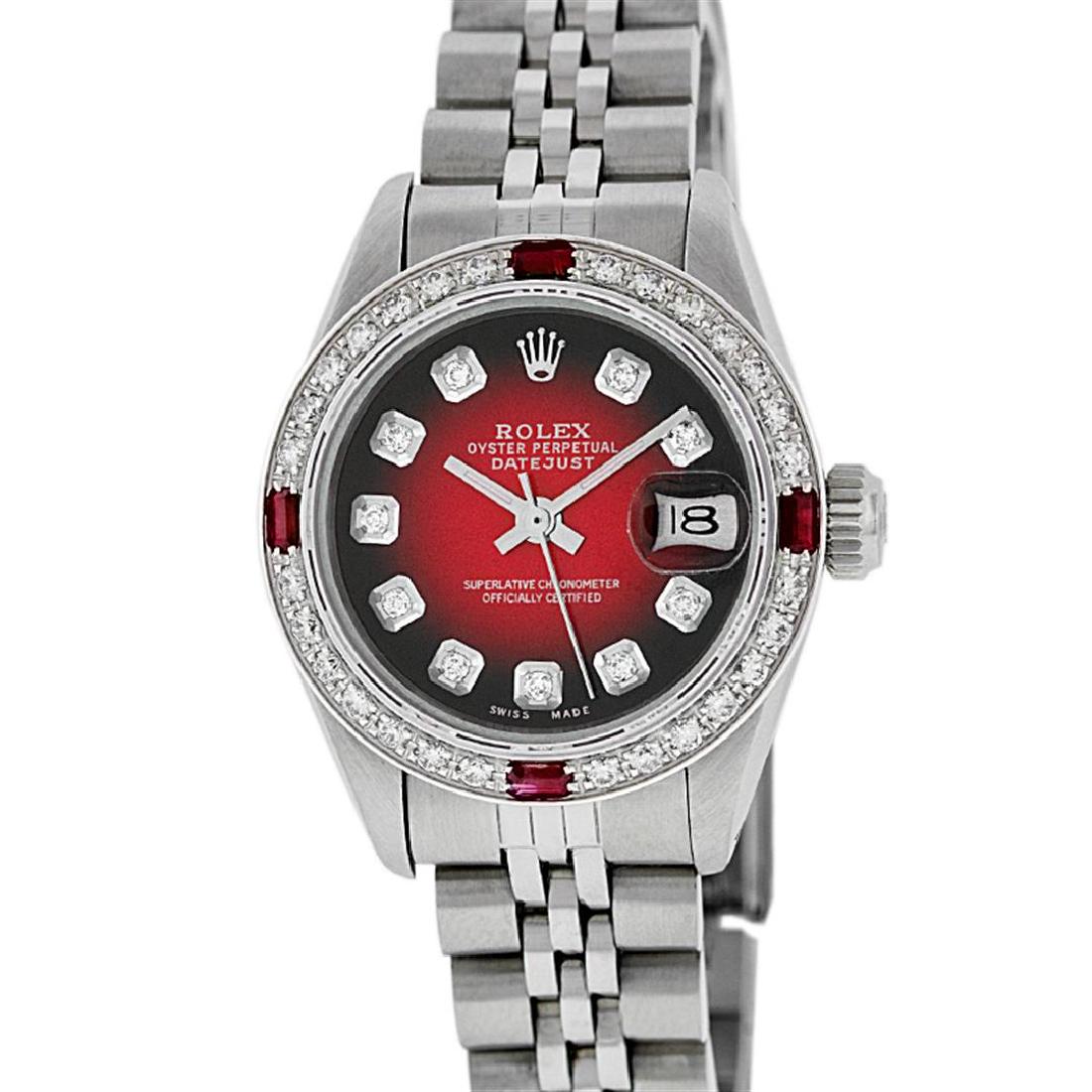 Rolex Ladies Stainless Steel Red Vignette Diamond &: One Ladies Stainless Steel Rolex Datejust Polished Bright with Satin Finish, Serviced & Electronically Tested, Stainless Steel Case: 26mm, Stainless Steel Crown, Custom Bezel: New 18K White Gold Ruby