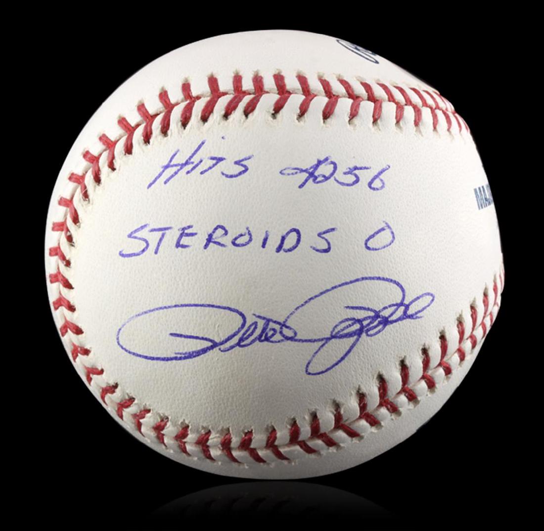 Autographed Pete Rose Baseball PSA Certified: Autographed Pete Rose Baseball PSA Certified. Excellent Condition! DX153MA. Signed Pete Rose baseball with 4256 hits and 0 Steroids written on the ball. Pete Rose had "4256 hits in his 24 year career