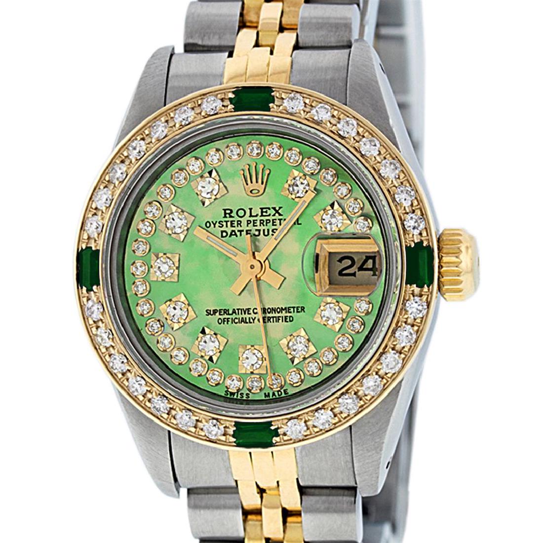 Rolex Ladies 2 Tone Green MOP Diamond & Emerald: One Ladies 14K Two Tone Rolex Datejust Polished, Serviced & Electronically Tested, 14K Yellow Gold & Stainless Steel Case: 26mm, 14K Yellow Gold Crown, Custom Bezel: New 18K Yellow Gold Emerald Beadse