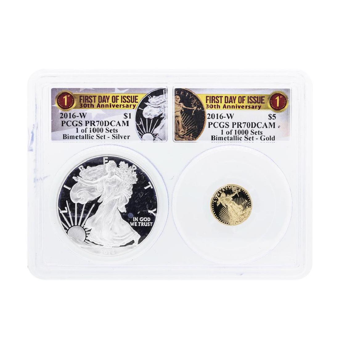 2016-W American Silver & Gold Eagle 30th Anniversary: One 2016-W American Silver & Gold Eagle 30th Anniversary Proof Bimetallic Set PCGS PR70DCAM. PCGS Certified.