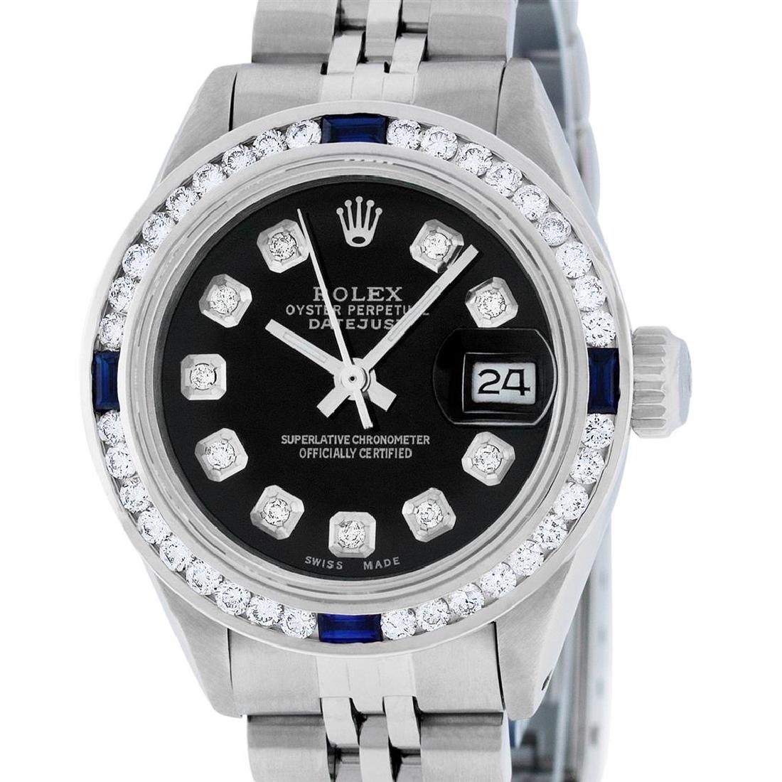 Rolex Ladies Stainless Steel Black Diamond & Channel: One Ladies Stainless Steel Rolex Datejust Polished Bright with Satin Finish, Serviced & Electronically Tested, Stainless Steel Case: 26mm, Stainless Steel Crown, Custom Bezel: New 18K White Gold Sapph