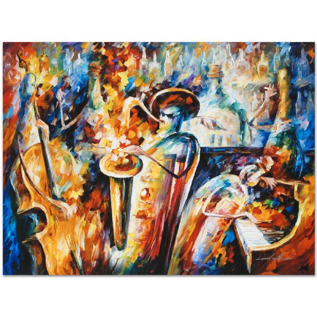 Bottle Jazz III by Afremov, Leonid: Leonid Afremov's masterful use of color and texture make his paintings unique collectibles that are sure to brighten any wall. "Bottle Jazz III" is a limited edition giclee on canvas. The piece is num