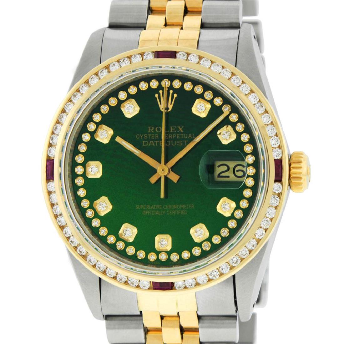 Rolex Mens 2 Tone 14K Green String Diamond & Ruby: One Mens 14K Yellow Gold Two Tone Rolex Datejust Polished, Serviced & Electronically Tested, 14K Yellow Gold & Stainless Steel Case: 36mm, 14K Yellow Gold Crown, Custom Bezel: 18K Yellow Gold Ruby Cha