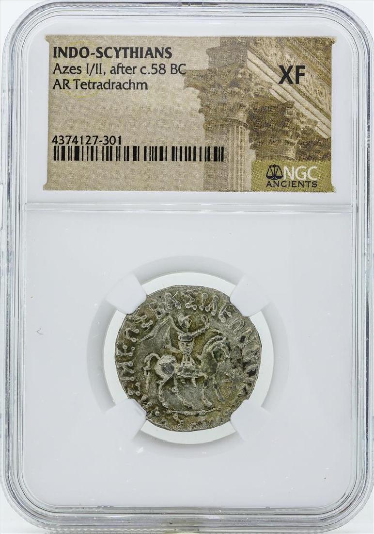 58 BC Indo Scythians Azes I/II AR Tetradrachm Coin NGC: One 58 BC Indo Scythians Azes I/II AR Tetradrachm Coin NGC XF. NGC Certified.